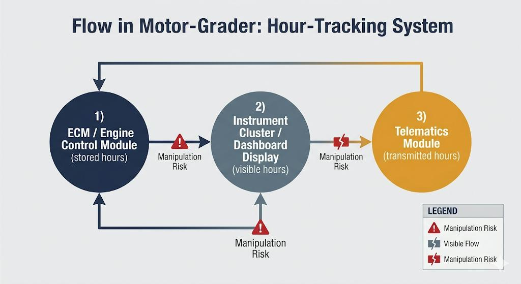 Flow in motor grader hour tracking system