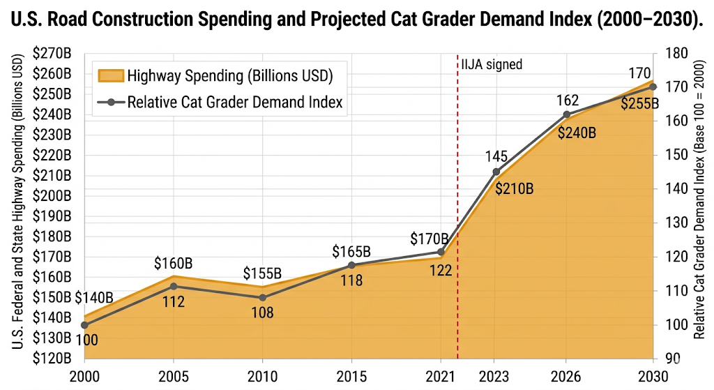 US road construction spending and projected cat grader demand 2000-2030
