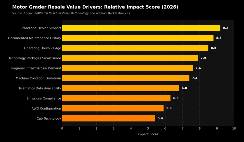 motor grader resale value drivers relative impact score 2026
