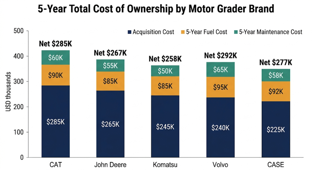 5 year total cost of ownership by motor grader brand