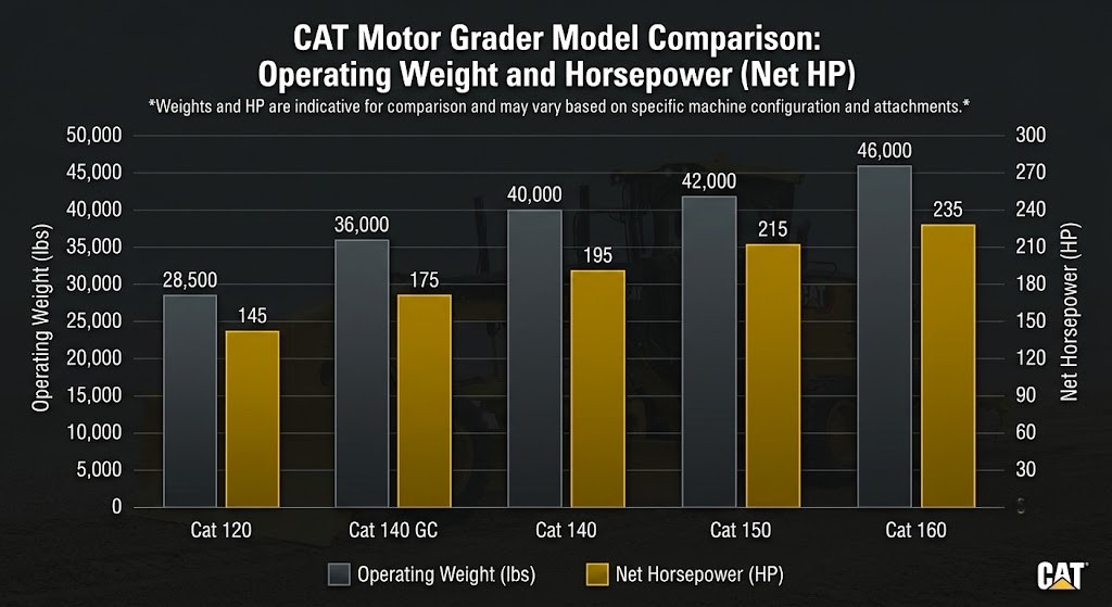cat motor grader model comparison operating weight and horsepower net hp