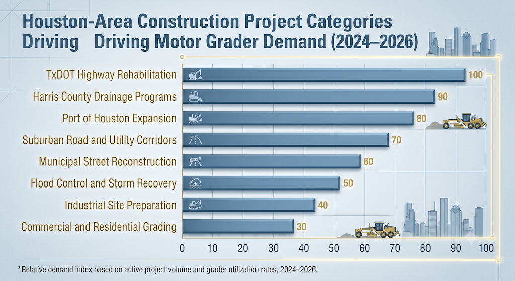houston area construction project motor grader demad 2024 to 2026
