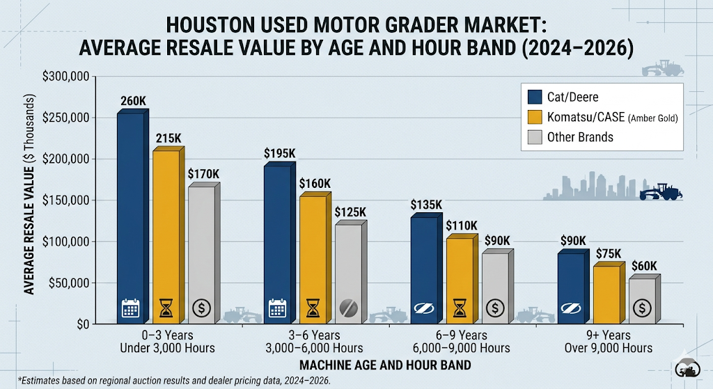 houston used motor grader market average resale value by age and hour band 2024 to 2026