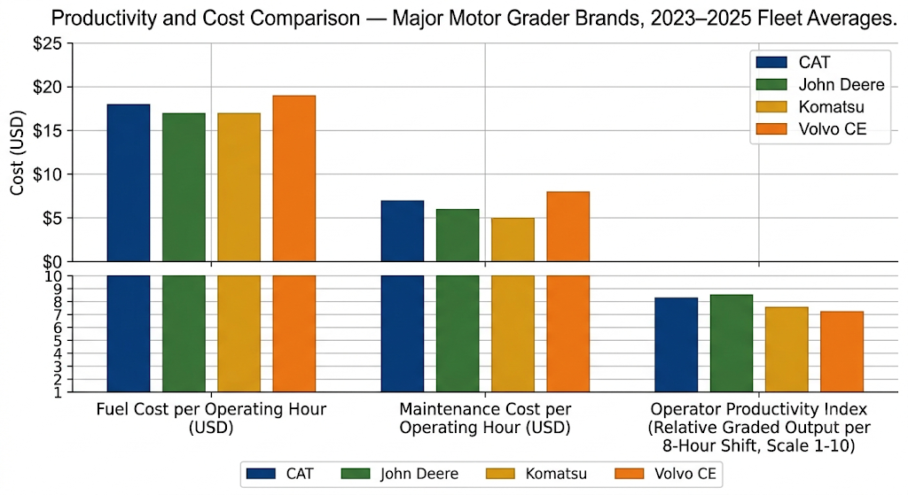 productivity and cost comparison - major motor grader brands 2023 to 2025