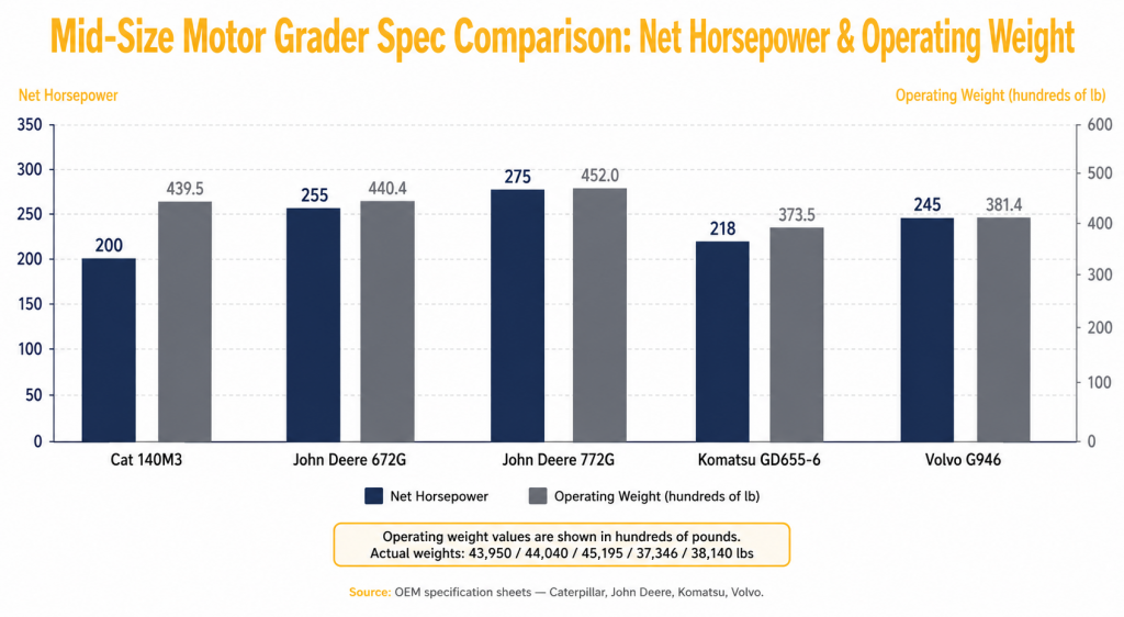mid size motor grader spec comparison net horsepower & operating weight