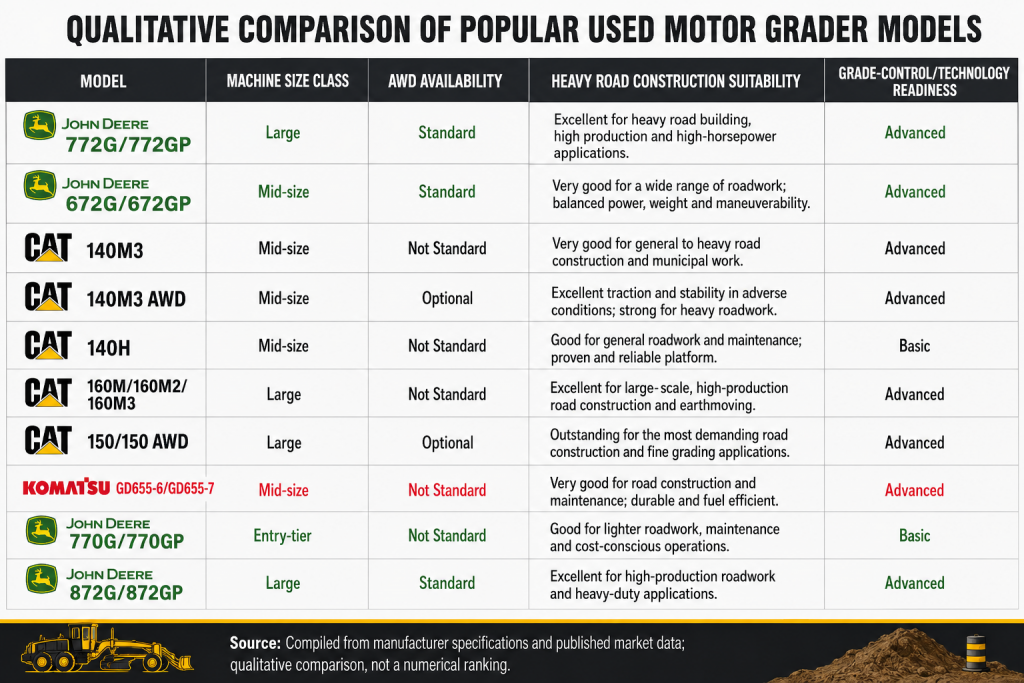 qualitative comparison of popular used motor grader models