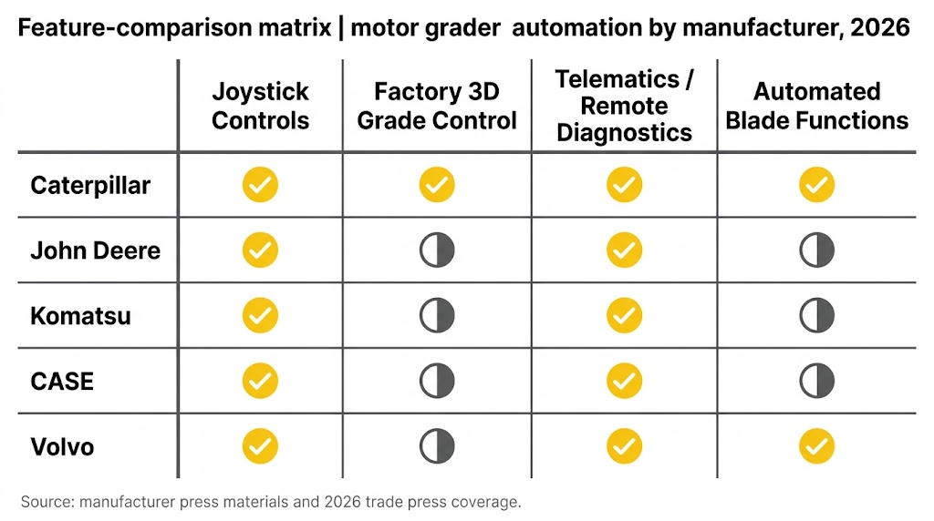 feature comparison matrix motor grader automation by manufacturer 2026