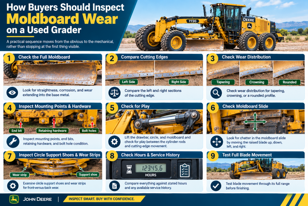 how buyers should inspect moldboard wear on a used grader