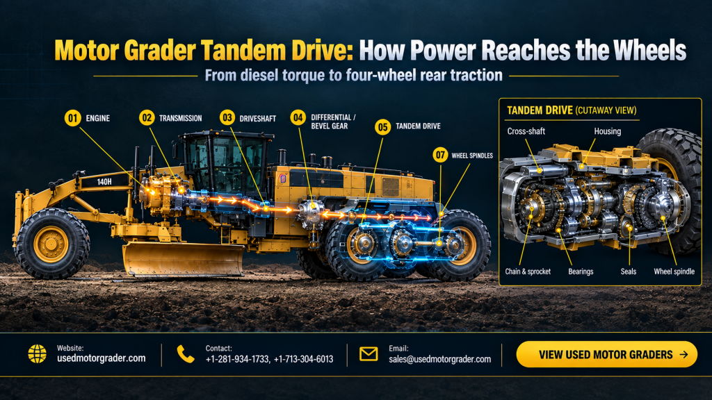 motor grader tandem drive how power reaches the wheels