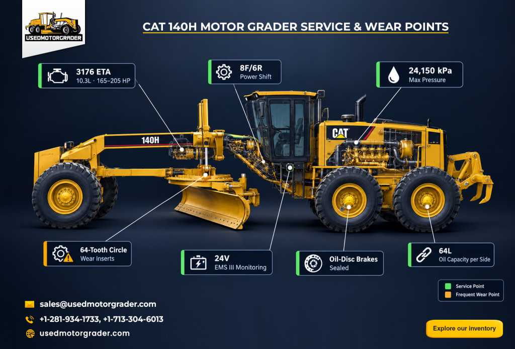cat 140h motor grader service & wear points